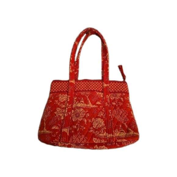 Quilted Fabric Shoulder Handbag Red Floral Medium, Tote Purse Vera Bradley Like - Picture 1 of 6